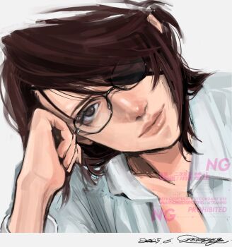1other brown_eyes closed_mouth collared_shirt dated eyepatch glasses hair_between_eyes hange_zoe head_on_hand highres looking_at_viewer medium_hair ponytail popsweetyio shingeki_no_kyojin shirt signature solo upper_body white_background white_shirt