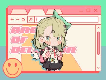 1girl angels_of_delusion arm_warmers bandaid bandaid_hair_ornament black_skirt chibi chibi_only collar collared_shirt commentary_request earrings fur-trimmed_skirt fur_trim green_hair hair_ornament heisei_retro jewelry long_hair multiple_hair_clips musical_note_earrings necktie pink_arm_warmers pink_bag red_necktie shirt skirt striped_arm_warmers sunna_(zenless_zone_zero) washan white_shirt winged_bag zenless_zone_zero