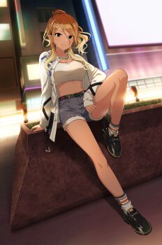 1girl absurdres artist_request backlighting bad_link blonde_hair breasts cleavage dark_skin denim denim_shorts gladgarb gyaru hair_between_eyes highres idolmaster idolmaster_shiny_colors izumi_mei jackets jewelry knees knees_up large_breasts long_hair midriff multicolored_hair navel necklace night outdoors shoes shorts smile socks tank_top