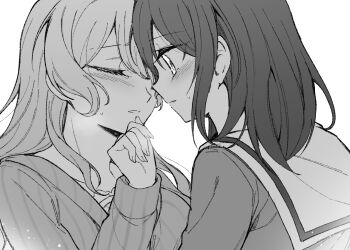 2girls bang_dream! blush closed_eyes greyscale hand_up long_hair matsubara_kanon monochrome multiple_girls okusawa_misaki opi parted_lips school_uniform serafuku sweat tears yuri