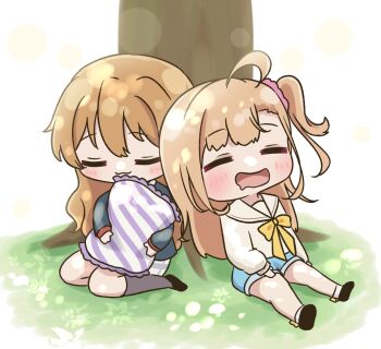 2girls :3 =_= ahoge black_jacket black_shoes black_socks blue_shorts blush bow bow_legwear bowtie brown_hair cardigan chibi chibi_only closed_eyes closed_mouth commentary_request diagonal-striped_pillow drooling highres hugging_object ikizulive!_love_live!_bluebird in-franchise_crossover jacket kneehighs konoe_kanata long_hair love_live! love_live!_nijigasaki_high_school_idol_club mouth_drool multiple_girls nijigasaki_school_uniform one_side_up open_mouth pink_scrunchie purple_pillow red_cardigan ritaso sailor_collar sailor_shirt school_uniform scrunchie shirt shoes short_shorts shorts sitting sleeping sleeping_upright socks striped_pillow takahashi_polka white_sailor_collar white_shirt white_socks yellow_bow yellow_bowtie