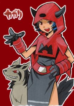 1girl blue_hair capelet commentary_request courtney_(pokemon) dress gen_3_pokemon gloves grey_dress grey_gloves hand_on_own_hip hood hood_up hooded_capelet horned_hood horns mightyena nintendo numae_kaeru open_mouth outline pokemon pokemon_(creature) pokemon_rse red_background red_capelet red_eyes sharp_teeth short_hair simple_background smile team_magma team_magma_uniform teeth upper_teeth_only white_outline