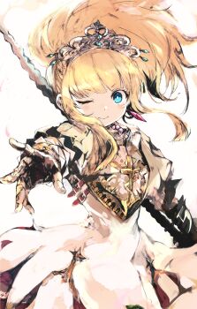 1girl armor armored_dress black_gloves blonde_hair blue_eyes blunt_bangs blush breastplate closed_mouth dress earrings etrian_odyssey fingerless_gloves flamberge gauntlets gloves hair_ornament highres holding holding_sword holding_weapon jewelry long_hair long_sleeves looking_at_viewer one_eye_closed ponytail princess puffy_short_sleeves puffy_sleeves reaching reaching_towards_viewer sekaiju_no_meikyuu sekaiju_no_meikyuu_3 short_sleeves simple_background smile solo sovereign_(sekaiju) sovereign_2_(sekaiju) sword tiara tsutsugano weapon white_background white_dress