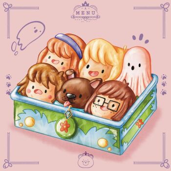 abbey_and_bear bento character-themed_food commentary daphne_blake english_commentary fred_jones ghost menu no_humans notice_lines paw_print pink_background scooby-doo scooby-doo_(character) shadow shaggy_rogers velma_dinkley