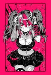 Rule 34 | absurdres, belt, black skirt, breasts, broken glass, crop top, glass, goth fashion, grey hair, hair ornament, hands on own head, highres, jewelry, large breasts, miniskirt, necklace, original, parororo, pink background, pink eyes, skirt, twintails