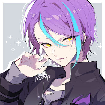 1boy absurdres black_jacket border commentary_request commission fingernails hair_between_eyes highres jacket kamishiro_rui long_sleeves looking_at_viewer male_focus multicolored_hair nekoma_hikaru parted_lips pixiv_commission project_sekai purple_hair short_hair solo streaked_hair white_border yellow_eyes
