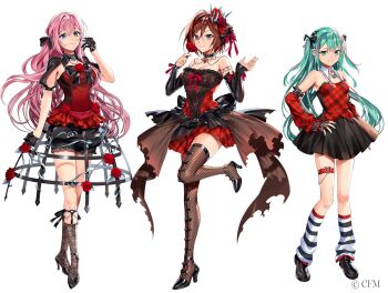 >:) 3girls ankle_strap aqua_eyes aqua_hair aqua_nails arm_at_side armlet back_bow bare_shoulders belt black_arm_warmers black_bow black_bowtie black_collar black_gloves black_leg_warmers black_ribbon black_shoes black_shorts black_skirt black_socks blue_eyes bow bow_legwear bowtie breasts brown_eyes brown_hair brown_skirt center-flap_bangs cleavage closed_mouth collar collar_chain_(jewelry) copyright_notice crinoline crossed_legs crown detached_collar detached_sleeves dress fishnet_thighhighs fishnets flower frilled_shirt frills full_body gem gloves hair_between_eyes hair_bow hair_flower hair_ornament hair_ribbon half_gloves hand_on_own_hip hand_up hands_up hatsune_miku heart_belt high_heels holding holding_flower jewelry lace-trimmed_shorts lace_dress lace_socks lace_trim leg_warmers legwear_garter lineup loafers long_hair long_sleeves looking_at_viewer megurine_luka meiko_(vocaloid) mini_crown multicolored_hair multiple_girls murakami_yuichi nail_polish necklace official_art open_hand overskirt pink_hair plaid_clothes plaid_dress plaid_shirt pleated_skirt puffy_long_sleeves puffy_short_sleeves puffy_shorts puffy_sleeves red_dress red_gemstone red_nails red_ribbon red_shirt red_tube_top ribbon shirt shoes short_hair short_shorts short_sleeves shorts shrug_(clothing) sideways_glance simple_background skirt smile socks standing standing_on_one_leg strapless strapless_dress streaked_hair striped_leg_warmers thigh_belt thigh_strap thighhighs tube_top two_side_up v-shaped_eyebrows very_long_hair vocaloid watson_cross white_background white_leg_warmers