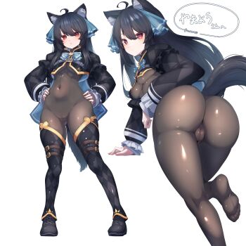 1girl absurdres ahoge animal_ear_fluff animal_ears argyle_clothes argyle_shirt argyle_thighhighs ass black_bodystocking black_hair black_shrug blush bodystocking bodysuit borrowed_character breasts cameltoe checkered_thighhighs chest_belt commission covered_navel detached_pants feet gradient_eyes hair_ribbon hands_on_own_hips highres impossible_bodysuit impossible_clothes long_hair long_sleeves looking_at_viewer multicolored_eyes natsukaze_shigure no_shoes original presenting presenting_ass red_eyes ribbon see-through_bodystocking shrug_(clothing) simple_background skeb_commission small_breasts standing svartlilja_(vrchat) tail vrchat wolf_ears wolf_girl wolf_tail