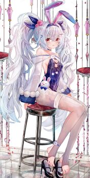 1girl a1u absurdres animal_ear_hairband animal_ears azur_lane barefoot blue_leotard breasts fake_animal_ears feet full_body hair_ornament hairband highres laffey_(azur_lane) laffey_ii_(azur_lane) laffey_ii_(sleepy_on_a_busy_day)_(azur_lane) leotard long_sleeves looking_at_viewer official_alternate_costume open_mouth pantyhose playboy_bunny rabbit_ears rabbit_ornament sitting small_breasts solo stirrup_legwear toeless_legwear toes twintails white_hair white_pantyhose