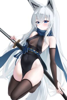 1girl absurdres animal_ears azur_lane bare_shoulders between_legs black_dress blue_eyes blush breasts covered_navel dress fishnets fox_ears fox_girl fox_tail frown full_body hair_between_eyes highleg highleg_dress highres hip_focus holding holding_sword holding_weapon katana kawakaze_(azur_lane) kawakaze_(guardian_fox_forever_loyal)_(azur_lane) legs_folded legs_together light_frown long_hair no_panties sleeveless sleeveless_dress small_breasts solo sword tail thighhighs thighs very_long_hair weapon white_hair zerotwenty_(020)
