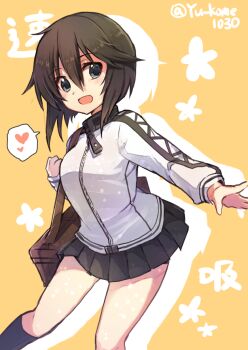 1girl bad_id bad_pixiv_id black_hair black_skirt black_socks blue_eyes blush breasts commentary_request drop_shadow hair_between_eyes hayasui_(kancolle) heart jacket kantai_collection kneehighs long_sleeves medium_breasts open_mouth orange_background pleated_skirt short_hair simple_background skirt socks solo spoken_heart twitter_username white_jacket yuukome_(tekunon) zipper zipper_pull_tab