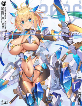 1girl armor arrow_(symbol) bikini_armor blonde_hair blue_eyes bow_(weapon) breasts bunny_suit_planning centaur closed_mouth commentary_request highres large_breasts looking_at_viewer mecha_musume navel smile solo sophia_f_shirring stomach takamine_nadare taur weapon