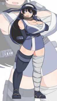 1girl arato_nagi bambi2000line bandaged_leg bandages black_hair blue_eyes breasts chest_sarashi cleavage commentary_request earrings forehead_protector gloves headband highres japanese_clothes jewelry kodachi large_breasts long_hair looking_at_viewer ninja ruri_no_houseki sarashi scarf sheath sheathed short_sword solo standing sword thighhighs weapon
