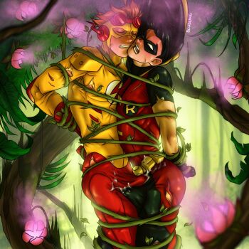 2boys artist_name ass batman_(series) black_hair bludwing bodysuit bulge closed_eyes closed_mouth commentary cum dc_comics domino_mask ejaculation ejaculation_under_clothes english_commentary erection erection_under_clothes eye_mask highres kid_flash male_focus mask multiple_boys open_mouth orange_hair plant robin_(dc) short_hair superhero_costume teeth torn_clothes yaoi