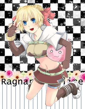 1girl 2000s_(style) :3 belt blonde_hair blue_eyes blush boots bow breasts brown_boots brown_gloves brown_shirt brown_shorts brown_skirt checkered_background commentary_request copyright_name creature crop_top cropped_jacket double_bun elbow_gloves fingerless_gloves flower full_body gloves green_belt hair_bow hair_bun hibikiya holding holding_creature hunter_(ragnarok_online) jacket kneeling looking_at_viewer medium_breasts midriff miniskirt navel open_mouth pink_bow pink_flower poring ragnarok_online shirt short_hair short_shorts short_sleeves shorts shorts_under_skirt skirt smile solo w white_jacket