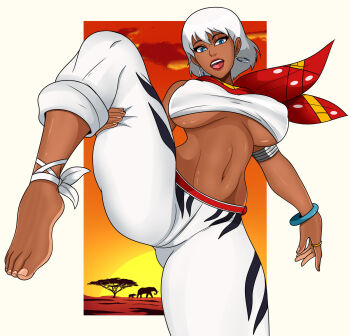 Rule 34 | 1girl, barefoot, blue eyes, bracelet, breasts, capcom, covered erect nipples, dark-skinned female, dark skin, earrings, elena (street fighter), female focus, gluteal fold, highres, jewelry, large breasts, leg lift, looking at viewer, navel, ring, scarf, short hair, solo, sonson-sensei, street fighter, street fighter 6, underboob, white hair