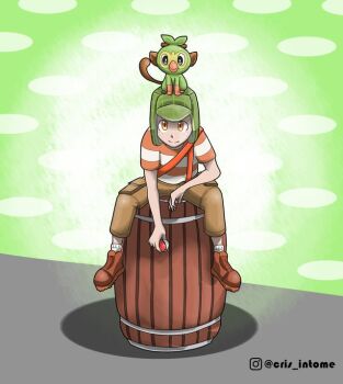 1boy barrel black_eyes bright_pupils closed_mouth colored_skin cris_intome crossover el_chavo el_chavo_del_ocho freckles full_body gen_8_pokemon green_background grookey hat holding holding_poke_ball instagram_username looking_at_viewer male_focus monkey nintendo nostrils official_style on_head orange_eyes pants poke_ball poke_ball_(basic) pokemon pokemon_(creature) pokemon_on_head shirt simple_background smile socks striped_clothes striped_shirt t-shirt