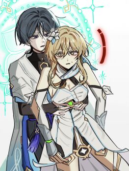 Rule 34 | 1boy, 1girl, aqua halo, arm cutout, arms at sides, bare shoulders, belt, black belt, black bodysuit, black gloves, black shorts, blonde hair, blue feathers, blue flower, blue sleeves, blue trim, blunt ends, bodysuit, breasts, choppy bangs, cleavage, clothing cutout, detached sleeves, dress, eyelashes, eyeliner, eyeshadow, feather hair ornament, feathers, flower, furisode, gem, genshin impact, gloves, grabbing from behind, green gem, grey hair, hair flower, hair ornament, halo, halo behind head, halterneck, hands on another's waist, highres, imagirl 0, japanese clothes, jewelry, kimono, layered sleeves, looking at another, lumine (genshin impact), magic circle, makeup, mandala, medium breasts, multicolored flower, open mouth, partially fingerless gloves, purple eyes, purple rope, red eyeliner, red eyeshadow, rope, scaramouche (genshin impact), scarf, short hair, short hair with long locks, short sleeves, shorts, sidelocks, sideways glance, stamina, sweatdrop, tassel, thighhighs, thighlet, torso grab, tsurime, turtleneck, turtleneck bodysuit, vambraces, wanderer (genshin impact), white background, white dress, white flower, white kimono, white scarf, white sleeves, white thighhighs, yellow eyes