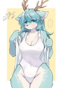 ... 1girl absurdres animal_ears antlers aqua_eyes aqua_fur aqua_hair blush border breasts cleavage commentary_request commission cowboy_shot curvy deer_antlers deer_ears deer_girl furry furry_female hair_between_eyes highres holding holding_towel horns large_breasts long_hair looking_at_viewer one-piece_swimsuit original simple_background skeb_commission solo spoken_ellipsis standing swimsuit thank_you towel wet wet_clothes white_border white_one-piece_swimsuit yellow_background zakro