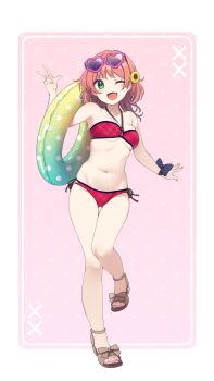 1girl ;d arm_up bare_arms bare_shoulders bikini blue_bow border bow breasts brown_hair brown_sandals collarbone commentary eyewear_on_head flower full_body green_eyes groin hair_flower hair_ornament halterneck heart heart-shaped_eyewear highres innertube medium_breasts nagami_yuu nail_polish navel one_eye_closed open_mouth original pink-framed_eyewear pink_background pink_nails red_bikini sandals side-tie_bikini_bottom skindentation smile solo standing standing_on_one_leg sunflower sunflower_hair_ornament sunglasses swim_ring swimsuit symbol-only_commentary toenail_polish toenails w white_border wrist_bow yellow_flower