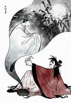 19zlily 2boys absurdres ahoge alcohol bamboo black_hair black_hat black_shoes blood blood_on_clothes blood_on_hands chinese_clothes chinese_commentary chinese_text closed_eyes coat creature cup dao_gui_yi_xian from_side full_moon hair_bun hair_ribbon half_updo hanfu hat hat_ribbon highres holding holding_cup incense_burner jin_(headwear) li_huowang li_sui_(tentacles) long_hair long_sleeves looking_at_another male_focus moon multiple_boys open_mouth outstretched_arm profile reaching red_coat red_ribbon ribbon robe shoes single_hair_bun sitting smile smoke snow tentacles tentacles_under_clothes updo white_hanfu wide_sleeves zhouzi_jin_(headwear) zhuge_yuan