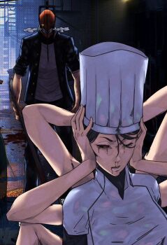 1boy 1girl arthropod_limbs black_blood black_gloves black_hair black_pants black_tears blood blood_drip blood_from_mouth bloody_tears breasts chainsaw chainsaw_man chef chef_hat closed_eyes collared_shirt dakaeya denji_(chainsaw_man) disembodied_head elbow_gloves extra_arms falling_devil_(chainsaw_man) flat_top_chef_hat fourth_east_high_school_uniform gloves hat holding_detached_head jacket long_arms medium_breasts nosebleed open_mouth pants school_uniform severed_head sharp_teeth shirt short_hair teeth white_shirt