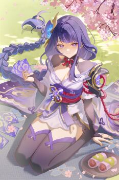 1girl absurdres armor blue_flower blunt_bangs braid branch breasts bridal_gauntlets card character_playing_cards cherry_blossoms chinese_commentary cleavage closed_mouth clothing_cutout commission dappled_sunlight falling_petals fan_hair_ornament flower flower_ornament food genshin_impact gradient_hair grass hair_ornament hair_ribbon happy head_tilt highres holding holding_card japanese_clothes kimono large_breasts light_smile lingerie long_braid long_hair looking_at_viewer mitsudomoe_(shape) mochi mole mole_under_eye multicolored_hair neck_ribbon off_shoulder outdoors petals picnic_blanket pink_petals plate playing_card purple_eyes purple_hair purple_kimono purple_ribbon purple_thighhighs raiden_shogun red_ribbon red_sash ribbon sakura_mochi sash seiza shade shoulder_armor shoulder_cutout single_braid sitting solo streaked_hair suguo25944 sunlight thighhighs tomoe_(symbol) tree tree_shade underwear wagashi