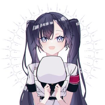 Rule 34 | 1girl, armband, black hair, commentary request, grey eyes, happy, hat, highres, holding, holding unworn clothes, holding unworn hat, jacket, long hair, maguice9g7580, military hat, military jacket, military uniform, minus (reverseblue), open mouth, peaked cap, reverseblue x re-birthend, short sleeves, solo, twintails, unworn hat, unworn headwear, white background, white hat, white jacket