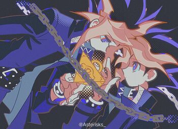 2boys asterisks_aya black_background black_shirt blonde_hair blue_jacket bracelet chain colored_bangs from_side frown high_collar jacket jewelry looking_at_another male_focus millennium_puzzle multiple_boys muto_yugi pointy_hair purple_eyes purple_hair shirt simple_background spiked_hair twitter_username upper_body yami_yugi yu-gi-oh! yu-gi-oh!_duel_monsters