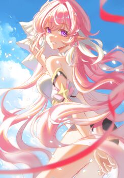 1girl bare_shoulders black_shorts blue_sky breasts chinese_commentary cloud commentary_request corset elf elysia_(herrscher_of_human:_ego)_(honkai_impact) elysia_(honkai_impact) fanxing_fx from_side highres honkai_(series) honkai_impact_3rd large_breasts long_hair looking_at_viewer multicolored_hair pink_hair pointy_ears purple_eyes shorts sky smile solo two-tone_hair veil very_long_hair white_corset white_hair white_veil