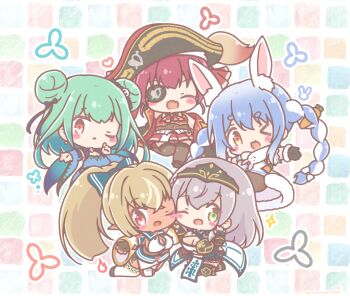 >_o 5girls :d ;d ^_^ animal_ear_fluff animal_ears bicorne black_gloves black_shoes blue_dress blue_hair blue_sleeves blush bow braid breasts brown_leotard brown_pantyhose brown_thighhighs carrot_hair_ornament chibi cleavage cleavage_cutout closed_eyes clothing_cutout commentary_request detached_sleeves double_bun dress elf eyepatch fang food-themed_hair_ornament fur-trimmed_dress fur-trimmed_gloves fur_trim gloves green_hair hair_bow hair_bun hair_ornament hair_ribbon hat headpiece highres hololive hololive_fantasy houshou_marine houshou_marine_(1st_costume) jacket large_breasts leotard leotard_under_clothes long_sleeves mitarashi_neko multicolored_hair multiple_girls one_eye_closed open_clothes open_jacket open_mouth pantyhose parted_lips pleated_skirt pointy_ears ponytail rabbit_ears red_eyes red_hair red_jacket red_skirt ribbon shiranui_flare shiranui_flare_(1st_costume) shirogane_noel shirogane_noel_(1st_costume) shoes simple_background skirt sleeveless sleeveless_jacket sleeves_past_fingers sleeves_past_wrists smile thighhighs twin_braids twintails two-tone_hair uruha_rushia uruha_rushia_(1st_costume) usada_pekora usada_pekora_(1st_costume) virtual_youtuber white_background white_dress white_hair white_thighhighs
