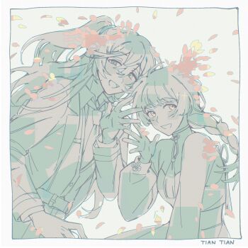 1boy 1girl :d absurdres belt braid chinese_clothes coat collared_shirt half_updo highres hong_lu_(project_moon) irkaoy limbus_company long_hair mili_(band) necktie open_mouth project_moon shirt sketch smile song_name tian_tian_(mili) vest waving