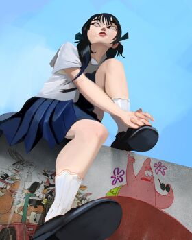 Rule 34 | 1girl, black footwear, black hair, blue skirt, bugs bunny, commentary, from below, graffiti, highres, hugging own legs, knee up, long hair, looking to the side, looney tunes, original, outdoors, patrick star, pleated skirt, shirt, shoe soles, sitting, skirt, sky, socks, spongebob squarepants (series), sylvester (looney tunes), symbol-only commentary, the awesombrosos, white shirt, white socks