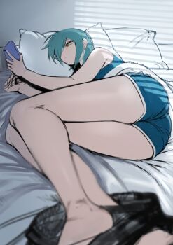 1boy 2n5 aqua_hair from_below hair_over_one_eye highres iriya-kun looking_at_phone lying male_focus on_pillow on_side original pale_skin phone solo yellow_eyes