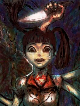1girl bad_id bad_pixiv_id blood cong1991 crazy crazy_eyes creepy extra_arms female_focus grin horror_(theme) knife monoko extra_arms multi_limb smile solo tears teeth twintails yume_nikki