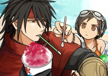 1boy 1girl beach bikini black_hair black_shirt bracelet brown_hair cloak drinking_straw drinking_straw_in_mouth final_fantasy final_fantasy_vii final_fantasy_vii_ever_crisis food frown furrowed_brow goggles goggles_on_head hair_between_eyes headband holding holding_spoon hood hood_down hoodie jewelry long_hair necklace ocean official_alternate_costume orange_bikini red_cloak red_eyes red_headband s_m_man shaved_ice shirt short_hair spoon swimsuit upper_body vincent_valentine white_hoodie yuffie_kisaragi yuffie_kisaragi_(summer_moogle)