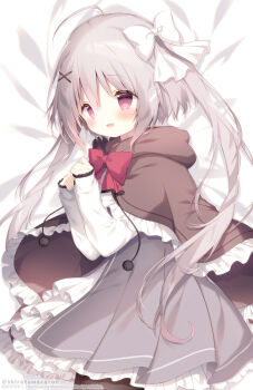 Rule 34 | 1girl, :d, ahoge, bed sheet, blush, bow, brown cloak, brown pantyhose, cloak, commentary, dakimakura (medium), dress, frilled cloak, grey dress, grey hair, hair between eyes, hair bow, hair ornament, hairclip, hands up, highres, hood, hood down, hooded cloak, hoshizora tetsudou to shiro no tabi, long hair, long sleeves, looking at viewer, lying, neri (hoshishiro), on side, open mouth, pantyhose, pleated dress, red bow, red eyes, shiratama (shiratamaco), shirt, sleeves past wrists, smile, solo, symbol-only commentary, twitter username, very long hair, watermark, white bow, white shirt, x hair ornament