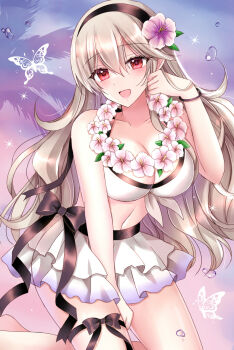 1girl bare_shoulders bikini bikini_skirt black_bow black_hairband blush bow breasts bug butterfly cleavage collarbone commentary_request female_corrin_(fire_emblem) female_corrin_(novice_vacationer)_(fire_emblem) fire_emblem fire_emblem_fates fire_emblem_heroes flower flower_necklace grey_hair hair_between_eyes hair_flower hair_ornament hairband highres insect jewelry kirishima_riona kneehighs large_breasts lei long_hair looking_at_viewer navel necklace nintendo official_alternate_costume open_mouth pointy_ears red_eyes revision smile socks solo swimsuit thighs white_bikini