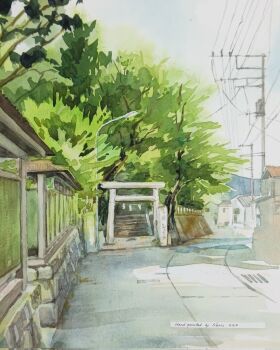 building entrance highres house no_humans nori02222 original painting_(medium) path power_lines road stairs street torii town traditional_media tree utility_pole watercolor_(medium)