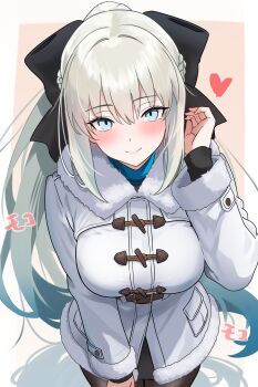Rule 34 | 1girl, absurdres, bamboo tac, black bow, black skirt, blue eyes, blush, bow, braid, breasts, brown pantyhose, commentary request, fate/grand order, fate (series), fur-trimmed jacket, fur trim, grey hair, hair bow, heart, highres, jacket, large breasts, long hair, long sleeves, looking at viewer, miniskirt, morgan le fay (fate), pantyhose, ponytail, sidelocks, skirt, smile, solo, sound effects, translation request, very long hair, white jacket