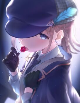 1girl black_gloves black_necktie blue_eyes blue_jacket braid candy chupa_chups collared_shirt commentary_request earrings food gloves grey_hair hat hat_feather highres holding holding_candy holding_food holding_lollipop idolmaster idolmaster_shiny_colors jacket jewelry lollipop long_sleeves looking_at_viewer necktie serizawa_asahi shirasato_(phzm8733) shirt short_hair side_braid solo white_shirt