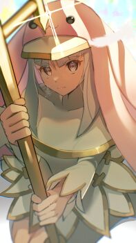 Rule 34 | 1girl, absurdres, cowboy shot, cross-shaped pupils, digimon, digimon (creature), dress, feathers, grey hair, highres, holding, holding polearm, holding weapon, nun, pink veil, polearm, sasaki (ssk8083), sistermon ciel, solo, symbol-shaped pupils, trident, veil, weapon, white dress, white feathers