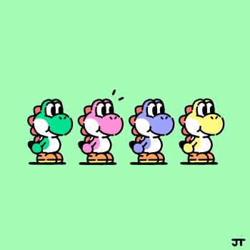 black_eyes blue_yoshi boots brown_boots chibi chibi_only closed_mouth commentary english_commentary from_side green_background happy highres james_turner mario_(series) nintendo no_humans notice_lines pink_yoshi signature simple_background smile standing yellow_yoshi yoshi