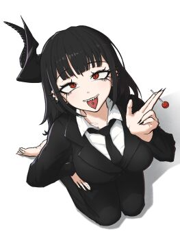 1girl alternate_costume barefoot behemoth_(nikke) black_eyeshadow black_hair black_horns black_jacket black_nails black_necktie black_pants black_suit blunt_bangs breasts collarbone collared_shirt commentary ear_piercing eyeshadow foreshortening formal_clothes from_above full_body goddess_of_victory:_nikke highres horns jacket kneeling large_breasts long_hair long_sleeves looking_at_viewer makeup necktie pant_suit pants pazik piercing red_eyes shadow sharp_teeth shirt sidelocks simple_background slit_pupils solo suit suit_jacket teeth tongue tongue_out tongue_piercing white_background white_shirt