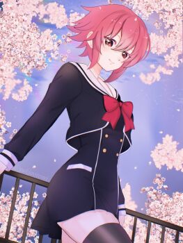 Rule 34 | artist name, black thighhighs, blue sky, bow, buttons, chaos;child, cherry blossoms, chest bow, cowboy shot, cropped jacket, double-breasted, dress vest, ears visible through hair, from below, hekiho academy school uniform, highres, light smile, long sleeves, medium hair, on railing, onoe serika, pink eyes, pink hair, railing, red bow, sailor collar, sailor shirt, school uniform, science adventure, shiny eyes, shirt, skindentation, sky, thighhighs, white sailor collar, white trim, yukiooromi, zettai ryouiki