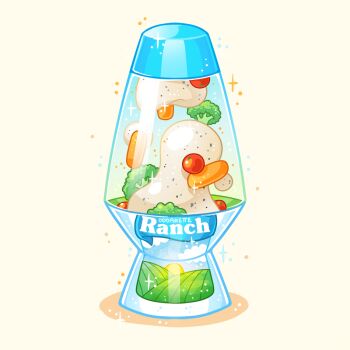 artist_name brand_name_imitation broccoli carrot_sticks charongess cloud commentary english_commentary field food food_art lava_lamp no_humans original ranch_(sauce) sauce simple_background sparkle sun tomato vegetable yellow_background