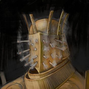 1boy armor black_background breastplate cigarette covered_face dark_souls_(series) dark_souls_i full_armor gold_armor helm helmet highres knight_lautrec_of_carim musteilss portrait simple_background smoke smoking solo
