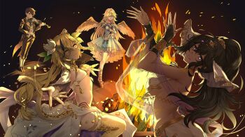 1boy 3girls :3 alouette_(tate_no_yuusha_no_nariagari) animal_ear_fluff animal_ears black_gloves black_hair black_pants black_suit black_veil blonde_hair blue_dress bow_(music) braid breasts brown_hair character_request coattails crescent dancer dancing dark-skinned_female dark_skin dress elvira_(tate_no_yuusha_no_nariagari) feathered_wings fire flat_chest flower formal_clothes game_cg gem gloves green_eyes grin hair_flower hair_ornament hand_on_own_chest hands_up highres holding holding_bow_(music) holding_instrument holding_violin instrument jewelry long_hair looking_at_viewer medium_breasts mole mole_under_eye mouth_veil multiple_girls music non-web_source official_art outstretched_arm pagani_(tate_no_yuusha_no_nariagari) pants playing_instrument puffy_short_sleeves puffy_sleeves purple_gemstone reaching reaching_towards_viewer revealing_clothes see-through_clothes see-through_veil short_sleeves showgirl_skirt singing skirt smile suit tate_no_yuusha_no_nariagari tate_no_yuusha_no_nariagari_rise thighhighs tuxedo veil violin white_flower white_skirt white_veil wings yellow_eyes yellow_tail yellow_thighhighs