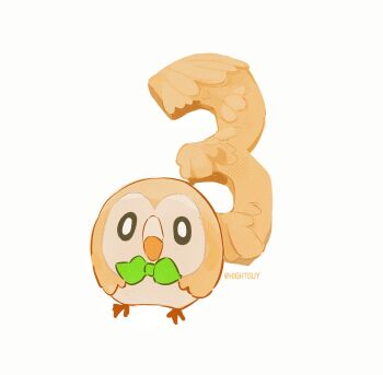 artist_name beak ben-day_dots bird black_eyes bow bowtie chinese_commentary closed_mouth commentary_request countdown film_grain full_body gen_7_pokemon green_bow green_bowtie highres hightguy looking_at_viewer nintendo no_humans number_focus owl pokemon pokemon_(creature) rowlet screentones simple_background solo white_background