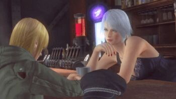 1boy 1girl 3d animated animated_gif breasts christie_(doa) cleavage dead_or_alive dead_or_alive_5 eliot_(doa) large_breasts looking_down lowres view_between_breasts